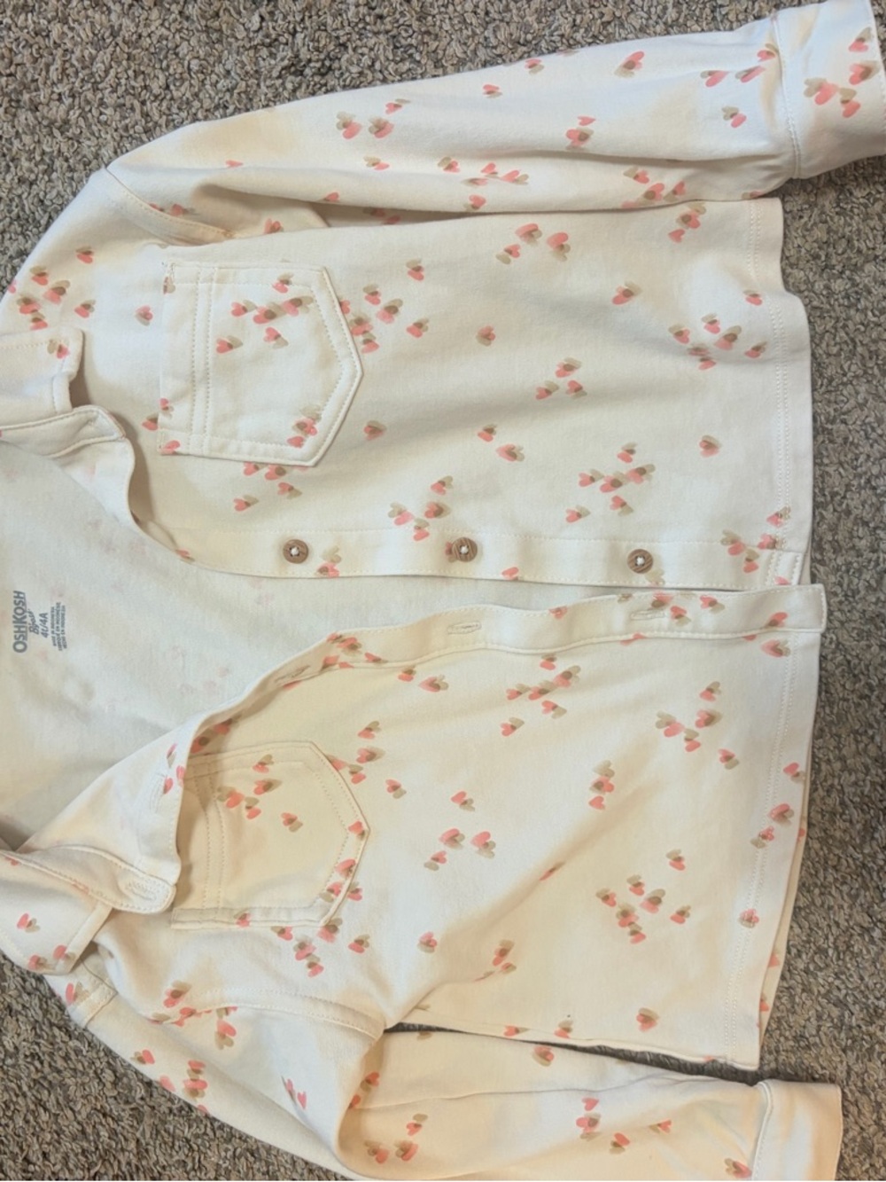 Cream Button-Up Cardigan with Pink Heart Print
